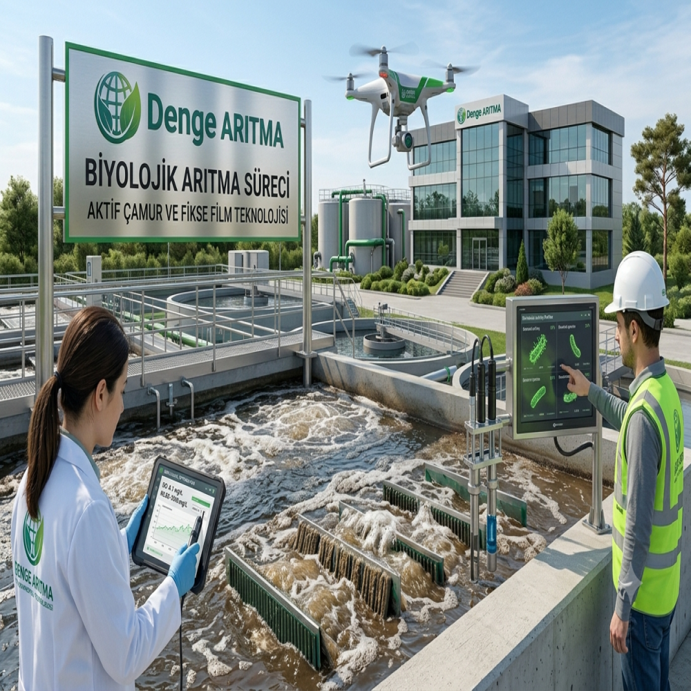Denge Aritma biyolojik aritma tesisinde dijital tablet ve otomasyon paneli ile bakteri ve aktif camur analizi yapan mühendisler