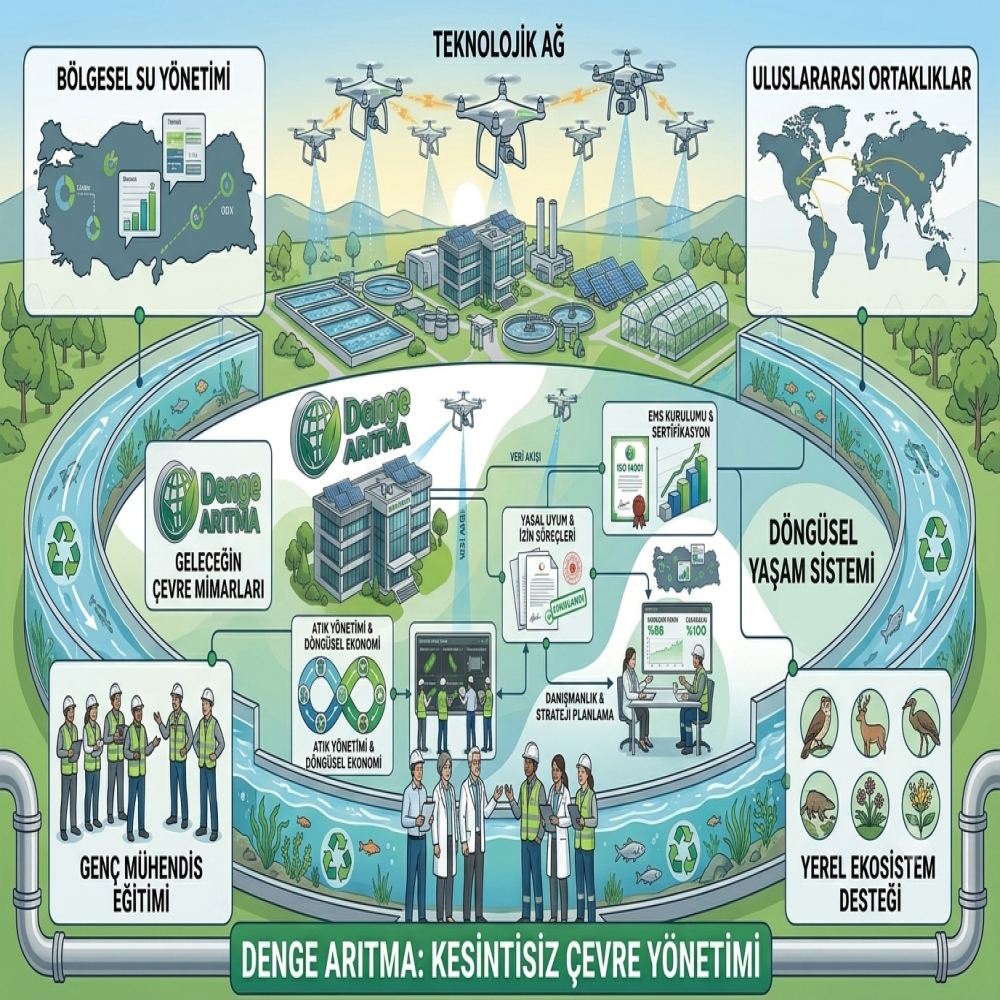 Denge Aritma kesintisiz cevre yonetimi dongusel yasam sistemi bolgesel su yonetimi ve teknolojik izleme agi infografik semasi
