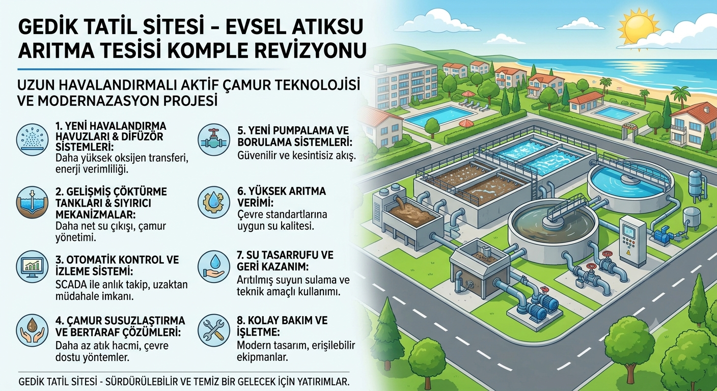 Gedik Tatil Sitesi için Denge Arıtma tarafından komple revizyonu yapılan uzun havalandırmalı aktif çamur evsel atıksu arıtma tesisi; modern havalandırma havuzları ve çevre dostu arıtma teknolojisi.